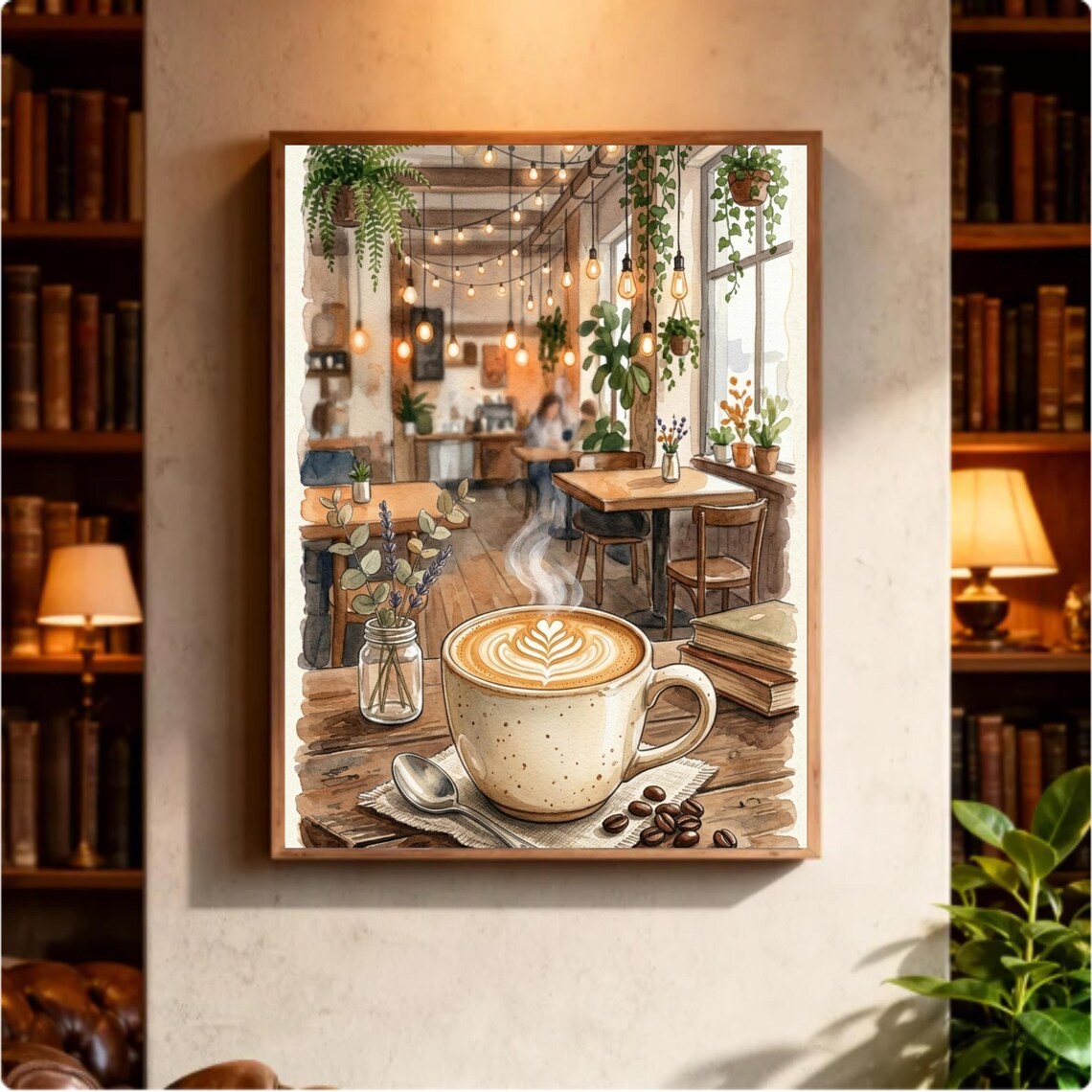 Cozy Coffee Shop Watercolor Art Print, Café Interior