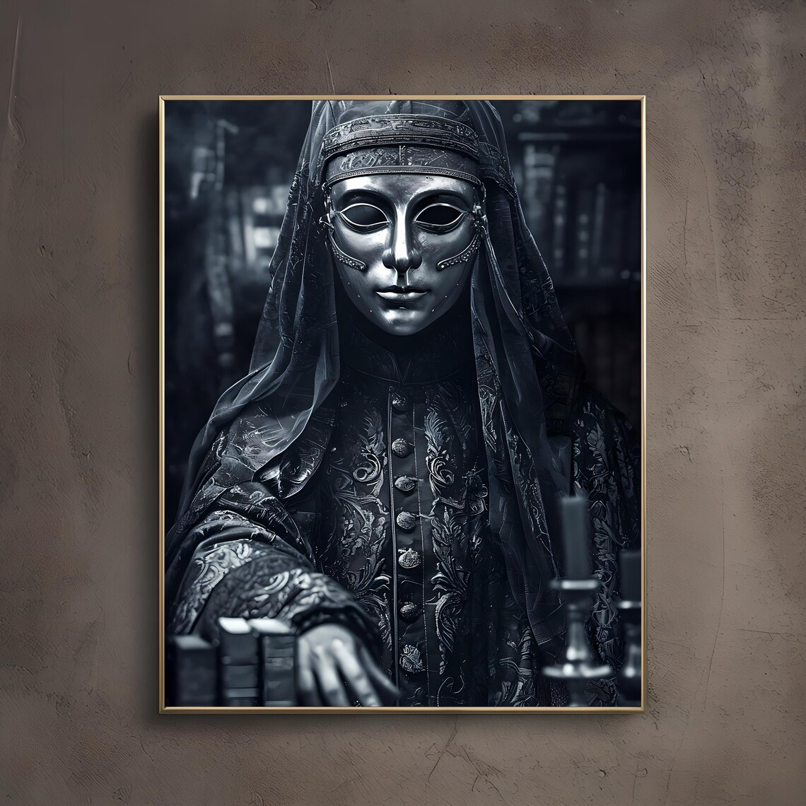 Masked Figure in Silver Mask and Veil Dark Gothic Mystery Art Poster