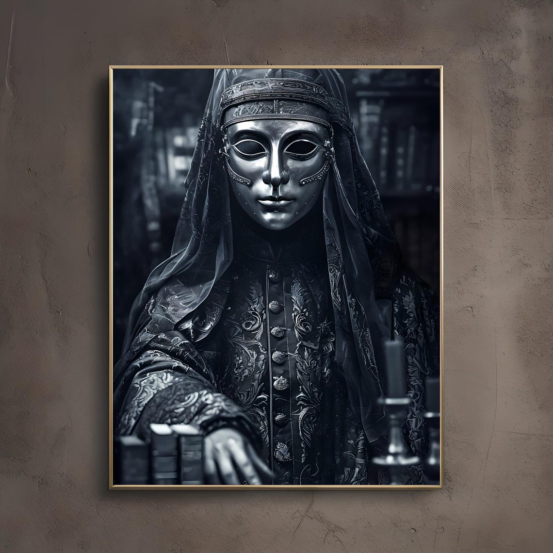 The Masked Scholar Fine Art Print Dark Academia Gothic Wall Mysterious Moody Library Decor Antique Portrait