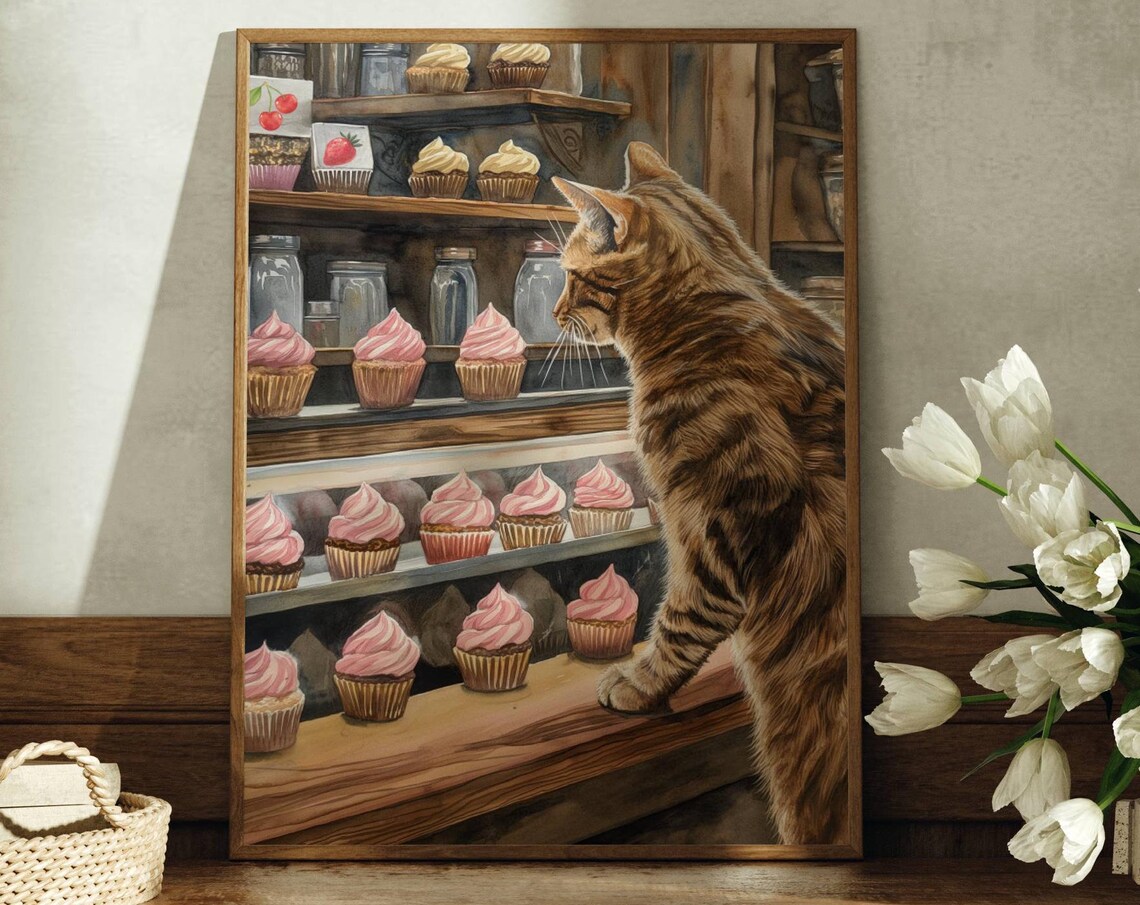 Tabby Cat Gazing at Pink Cupcakes in Bakery Display Watercolor Poster
