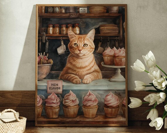 Ginger Cat Behind Cupcake Shop Counter New Flavor Sign Poster