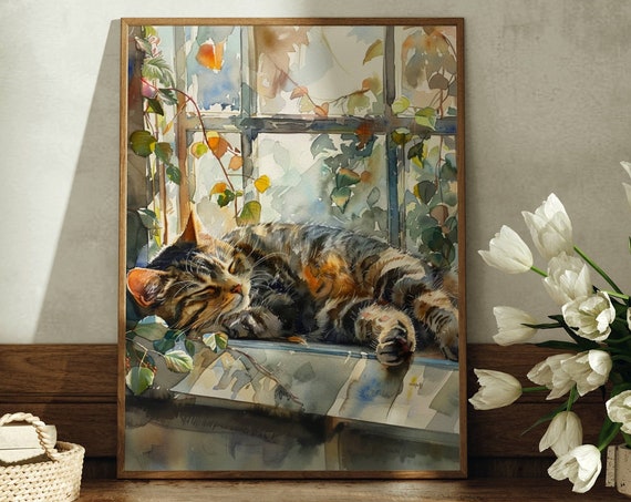 Tabby Cat In Window, Cute Cat Decor Art Print