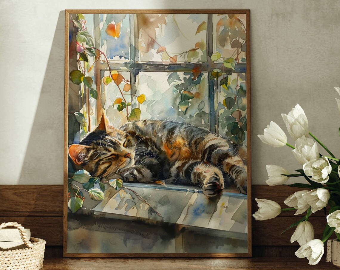 Tabby Cat In Window, Cute Cat Decor Art Print