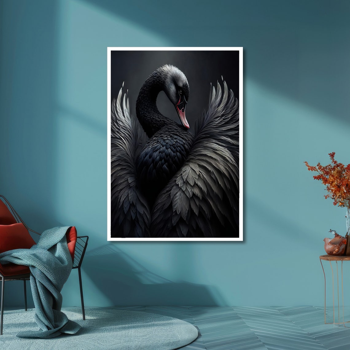 Elegant Black Swan Spreading Wings Dark Moody Bird Portrait Poster - Image 4