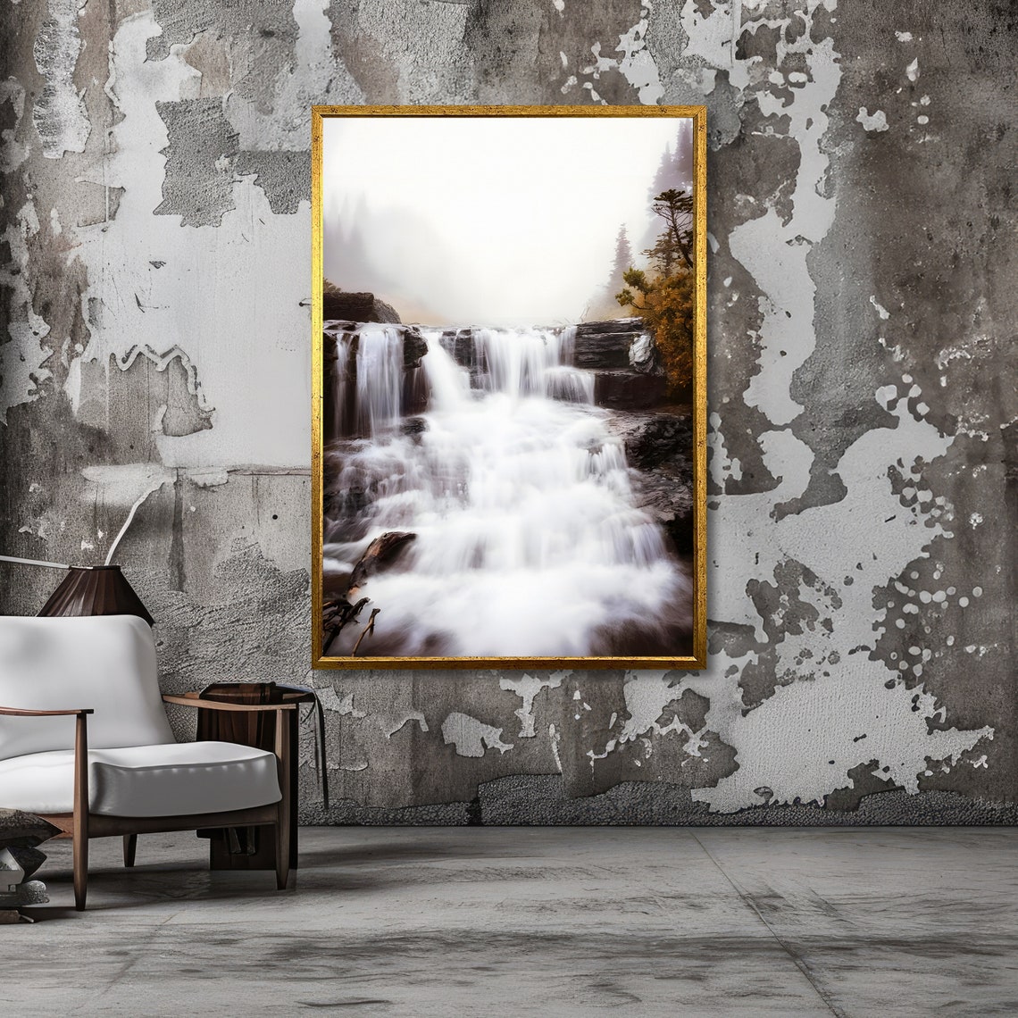 Misty Waterfall Cascading Through Foggy Rocks Serene Nature Poster - Image 3