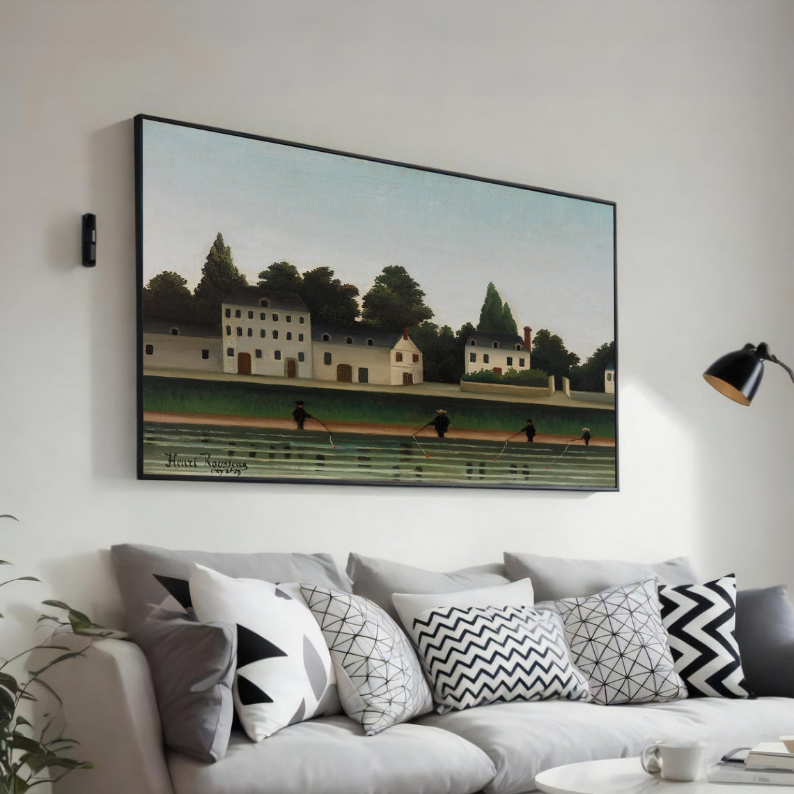 Rousseau Riverside Houses with Fishermen Calm River Scene Art Poster
