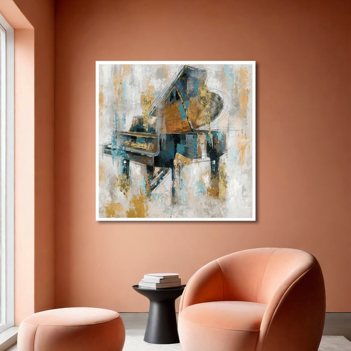 Abstract Grand Piano in Blue Ochre Gold Expressive Brushwork Art Poster - Image 4