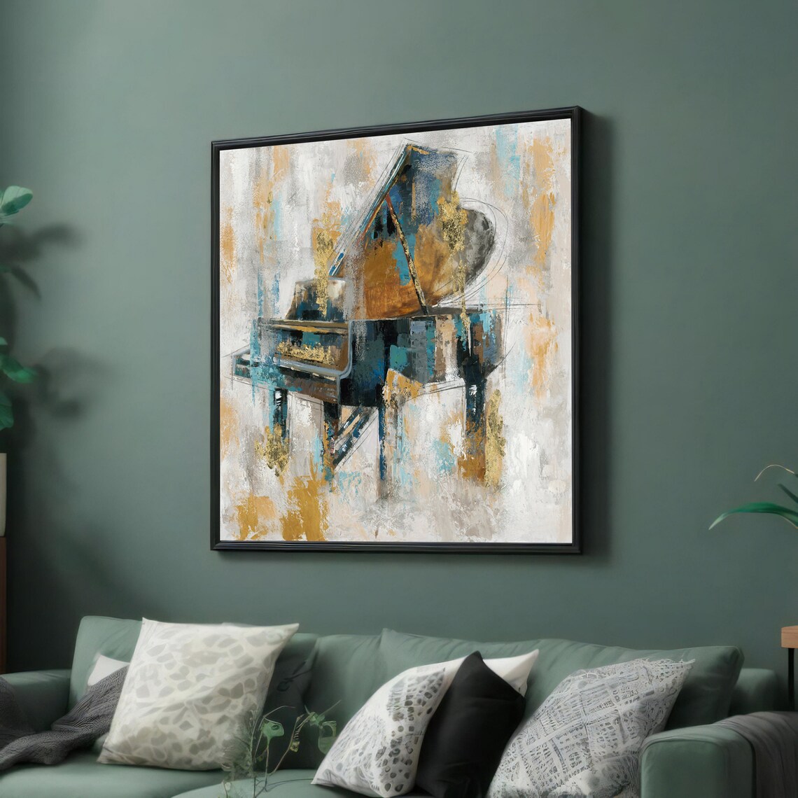 Abstract Grand Piano in Blue Ochre Gold Expressive Brushwork Art Poster