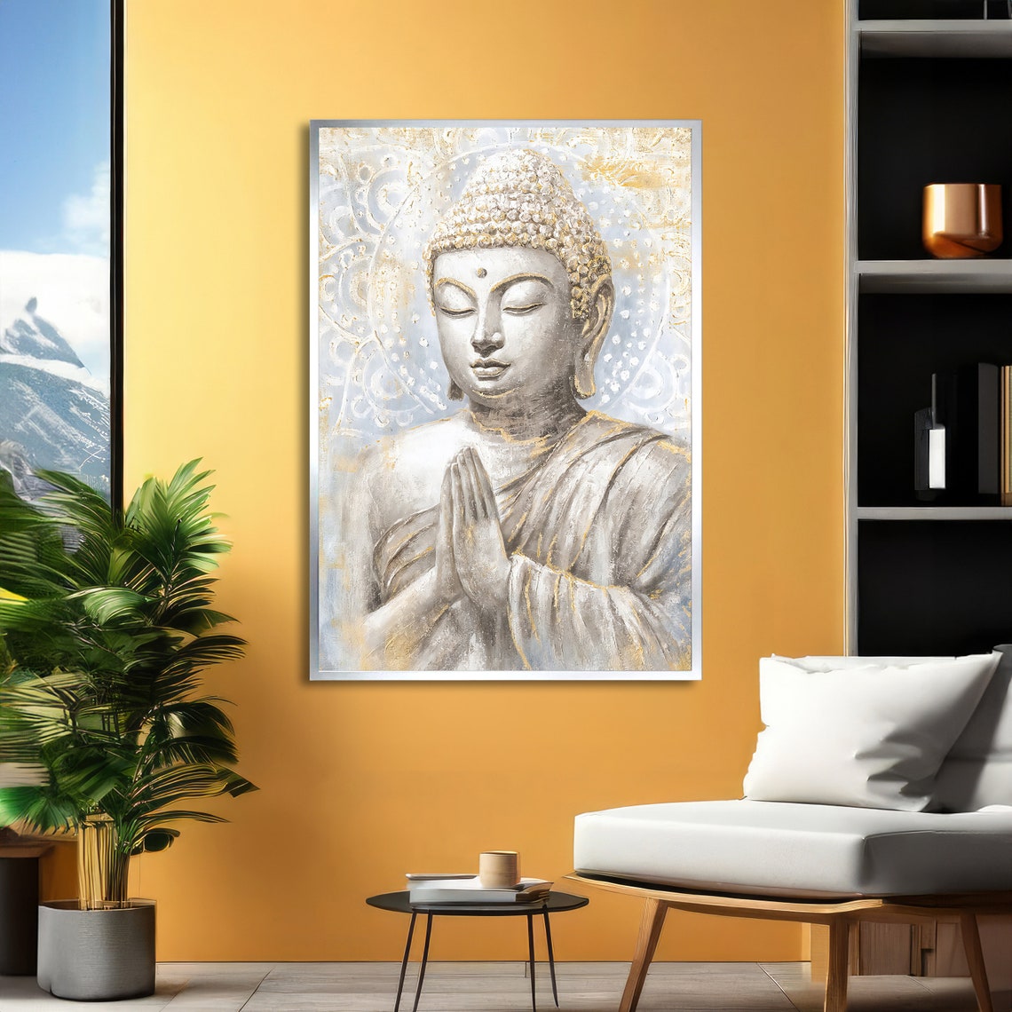 Serene Praying Buddha White Gold Mandala Spiritual Calm Poster - Image 5