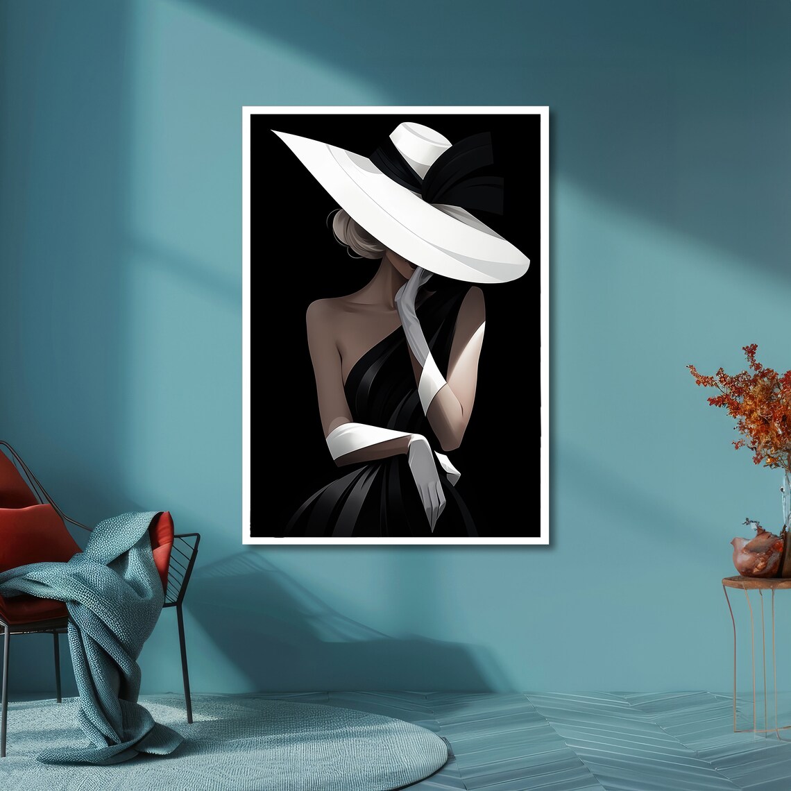 Glamorous Woman in Black and White Fashion Wide Brim Hat Art Poster - Image 4