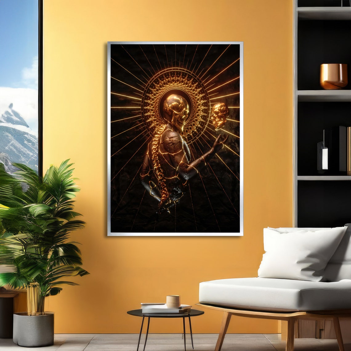 Radiant Golden Skeleton King Art Illuminated Skull Sculpture Surreal Gothic Wall Art Ready To Hang - Image 6