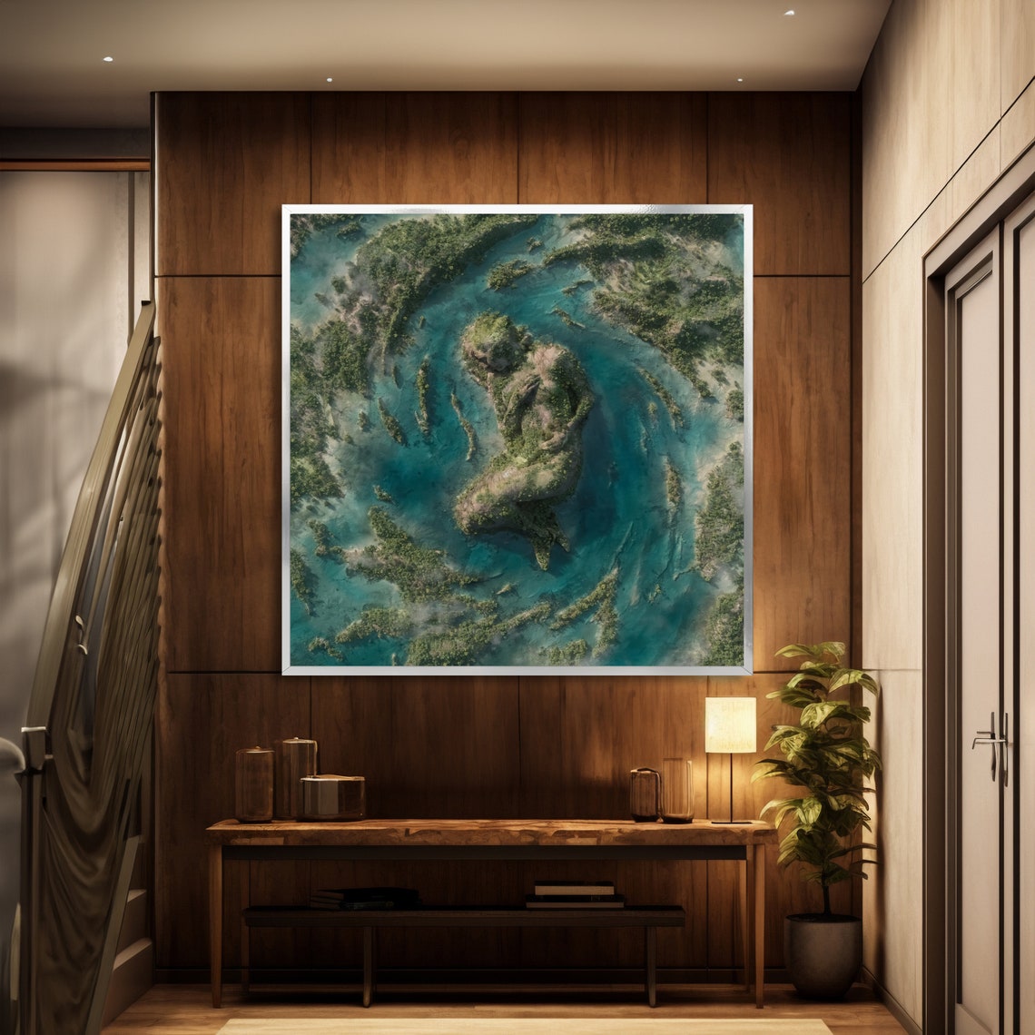 Aerial Turquoise Lagoon Around a Figure-Shaped Green Island Art Poster - Image 2