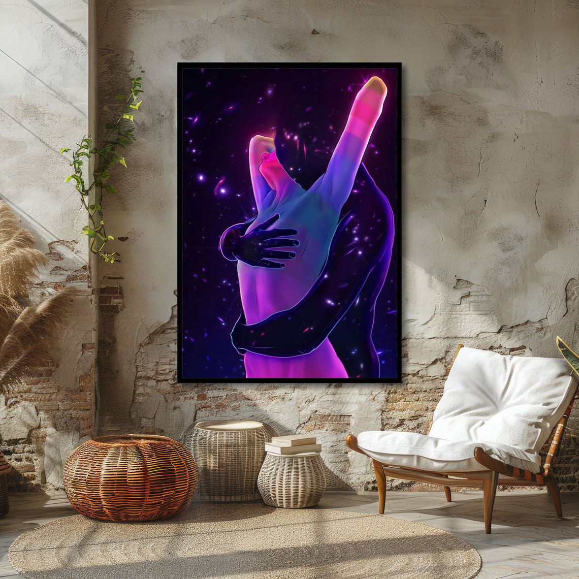 Cosmic Embrace Neon Lovers Entwined Beneath Starry Space Poster - Image 4