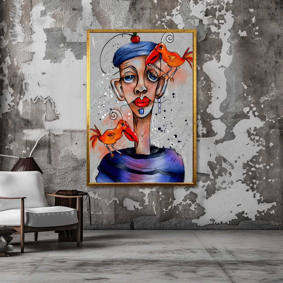 Whimsical Woman in Blue Hat with Cherry and Orange Birds Art Poster - Image 6