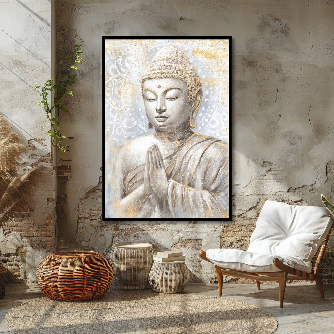 Serene Praying Buddha White Gold Mandala Spiritual Calm Poster