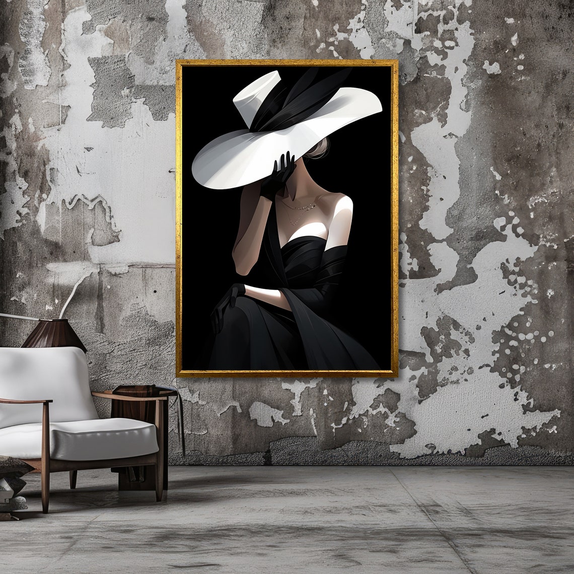Elegant Lady in Black With a Wide White Hat Glamour Art Poster - Image 3