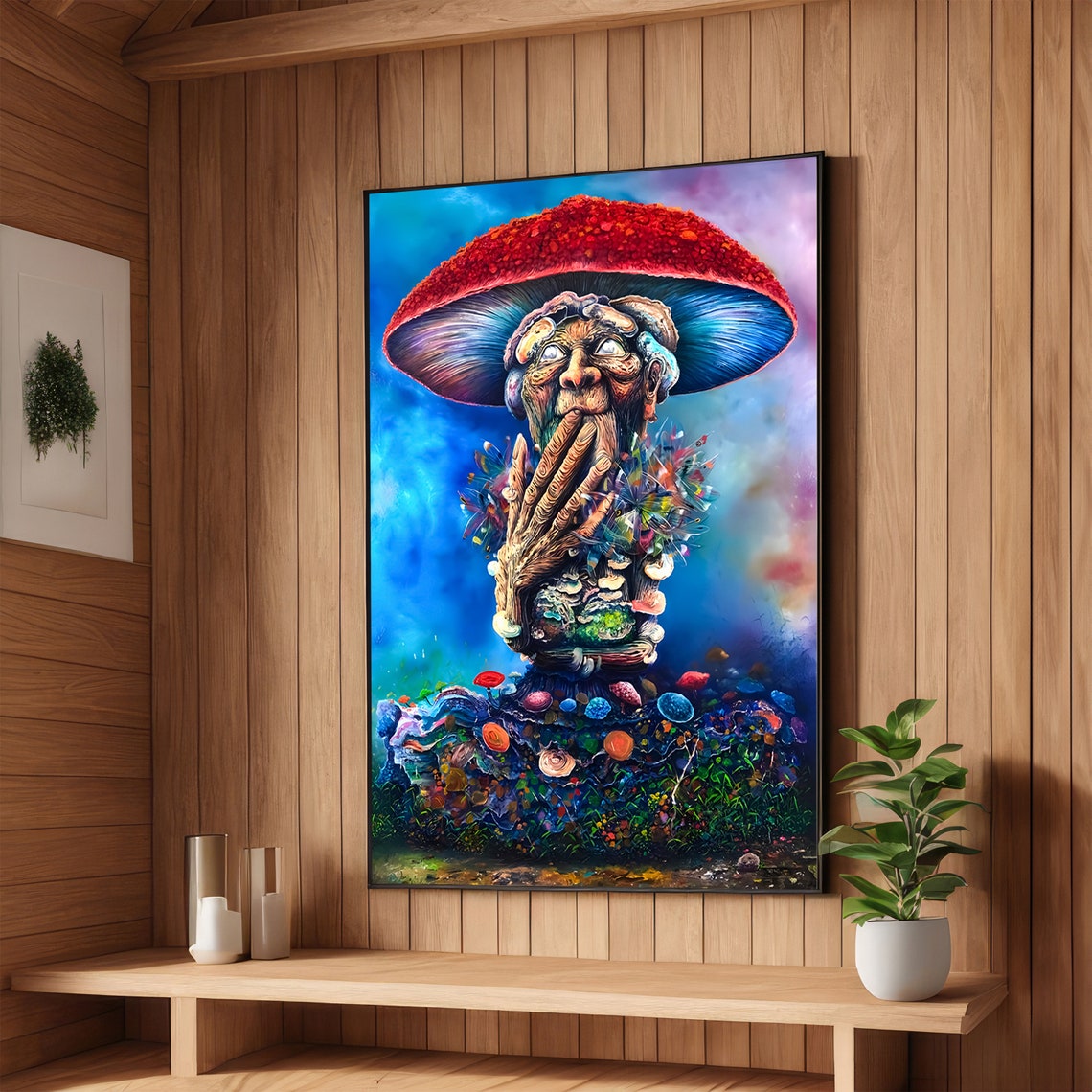 Surreal Red Mushroom Man Psychedelic Fantasy Vibrant Art Poster