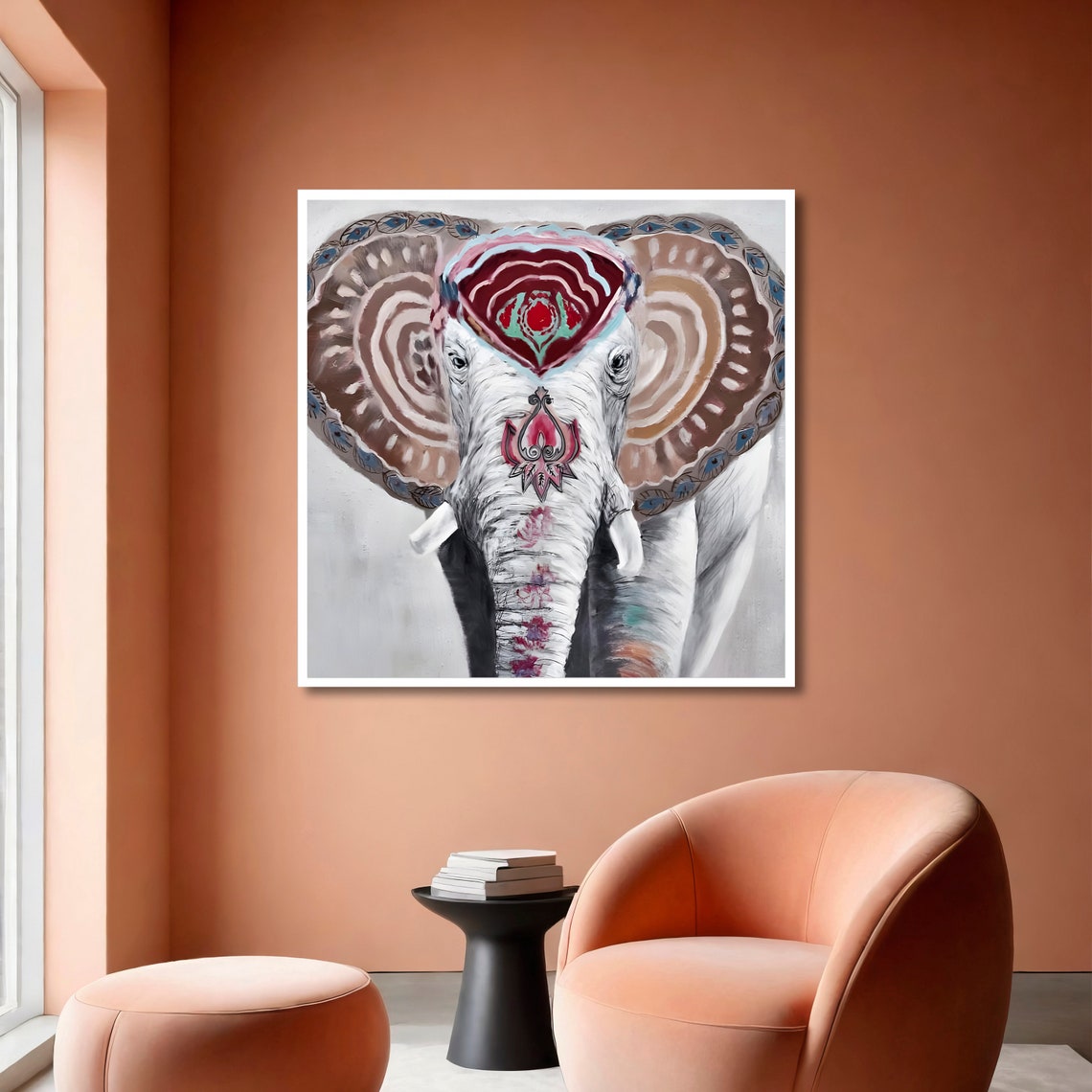 Ornate Mandala Decorated Elephant Head Earth Tones White Art Poster - Image 6