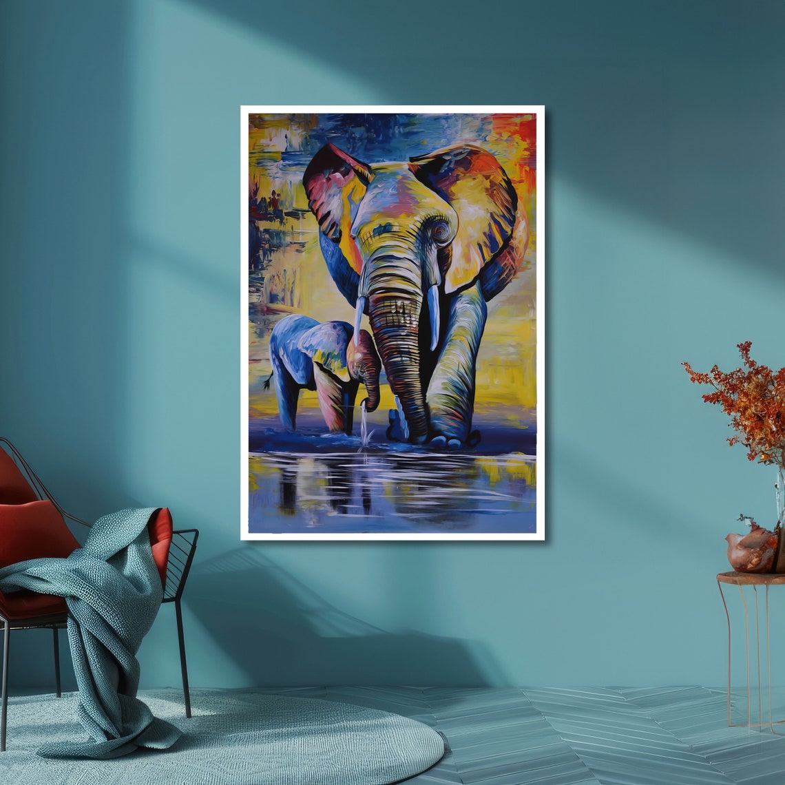 Colorful Elephant and Calf Crossing Water Vibrant Art Poster - Image 3