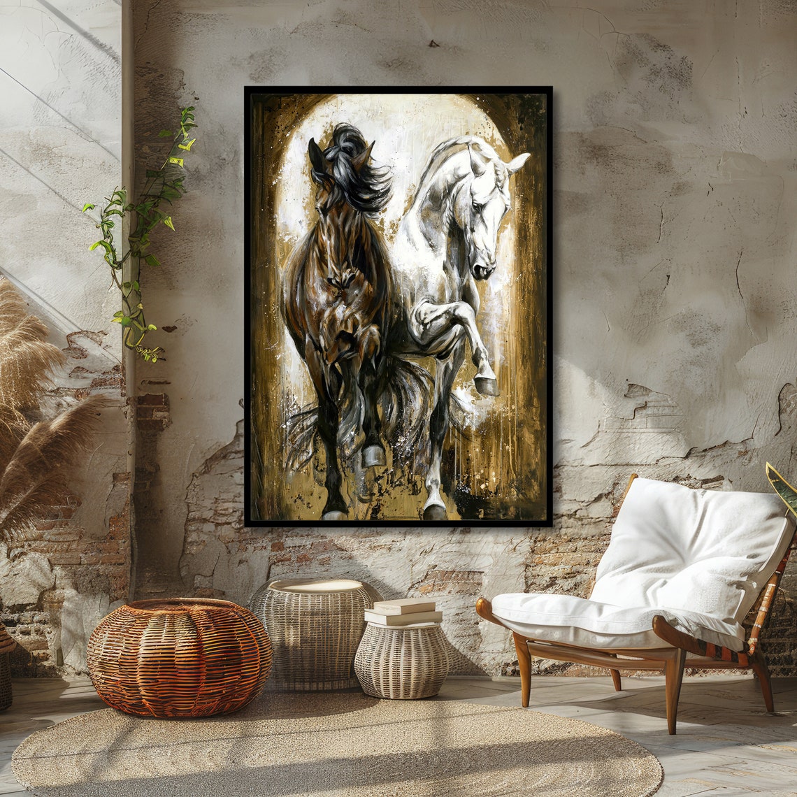 Black and White Horses Duo Beneath a Glowing Golden Arch Art Poster - Image 4