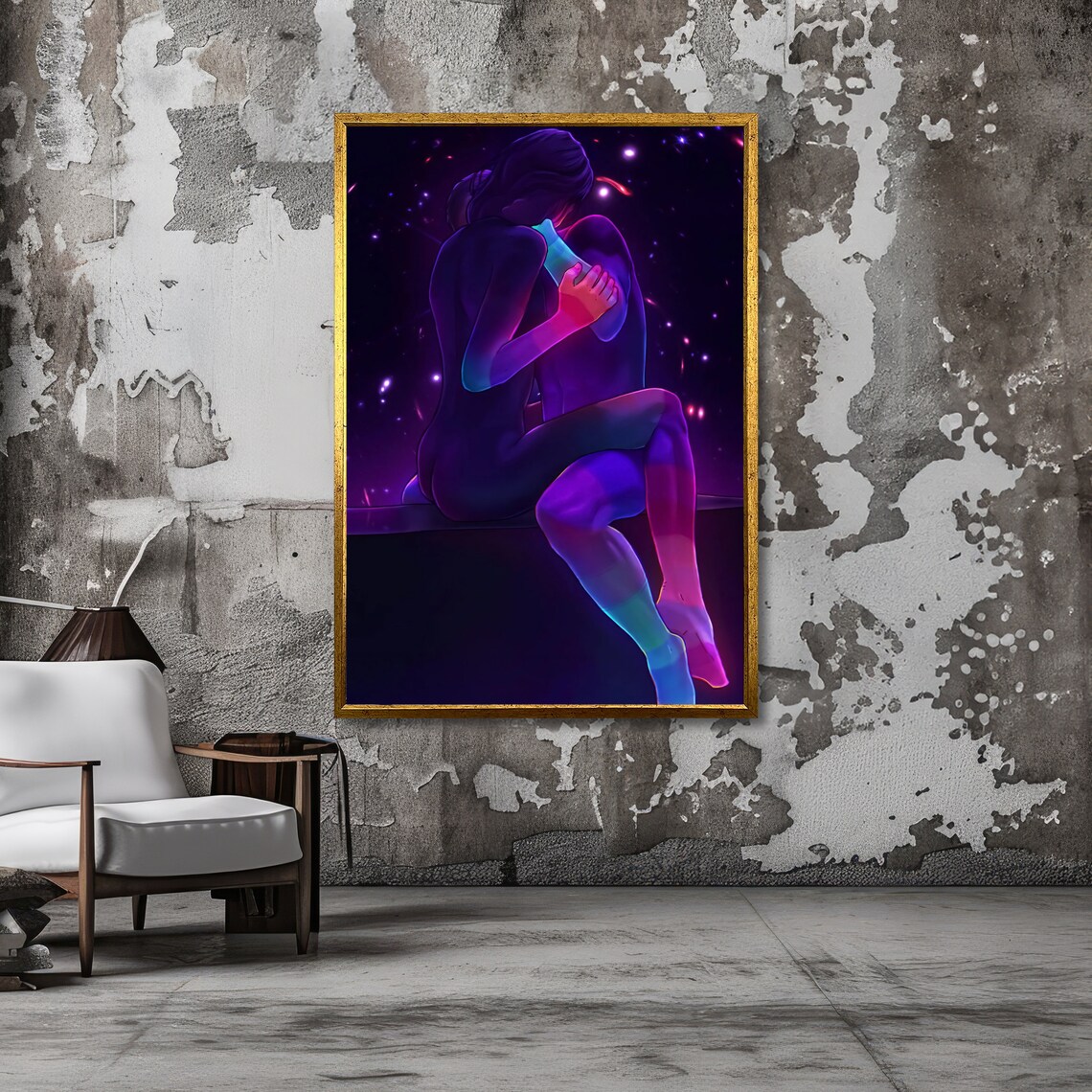 Neon Couple Embrace Under Starry Night Blue Purple Art Poster - Image 3