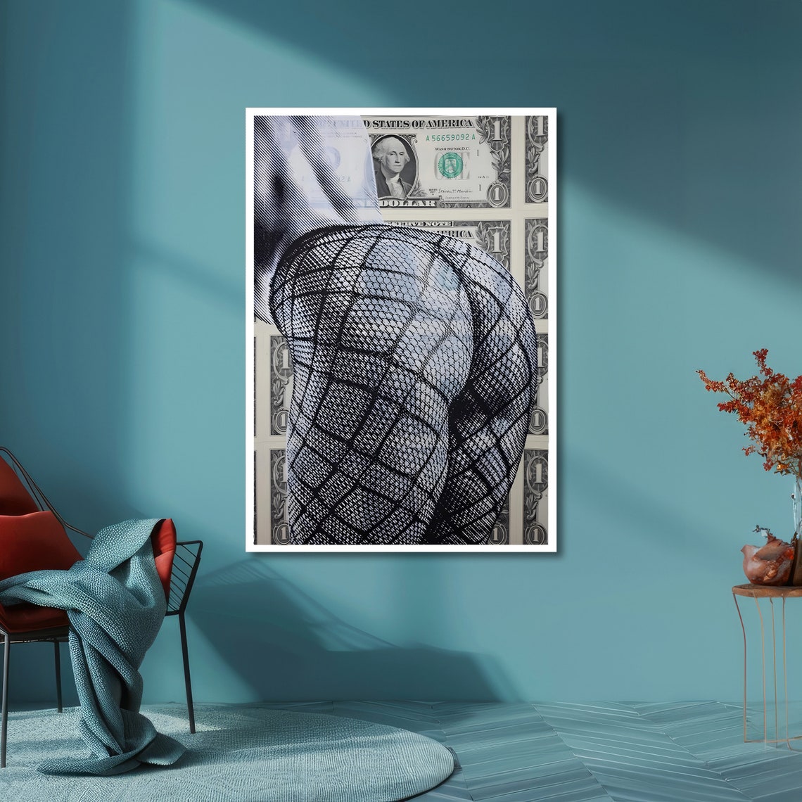 Fishnet Stockings Figure Posed over Dollar Bills Bold Pop Art Poster - Image 6