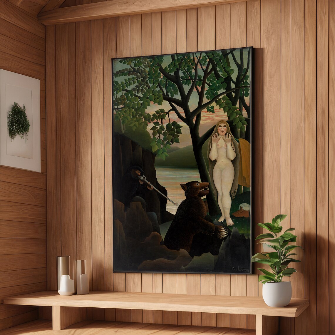 Rousseau Woman Standing in Jungle Beside Bear Naive Art Poster