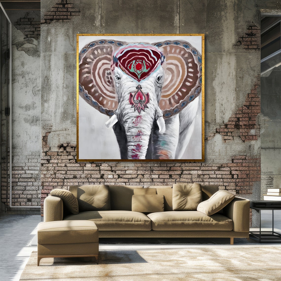 Ornate Mandala Decorated Elephant Head Earth Tones White Art Poster - Image 3