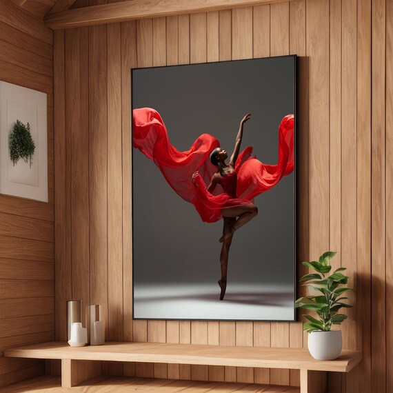 Black Dancer with Flowing Red Fabric Dramatic Ballet Leap Art Poster