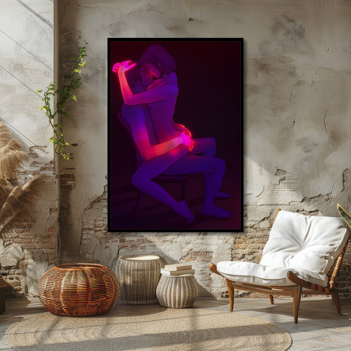 Neon Embracing Couple Purple and Red Dark Romance Art Poster - Image 6