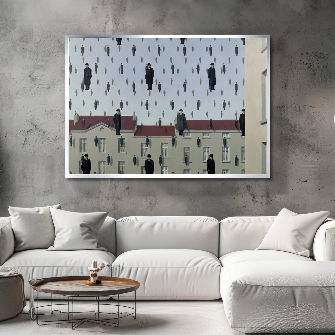 Magritte Golconda Men in Bowler Hats Raining Over Town Surreal Poster - Image 2