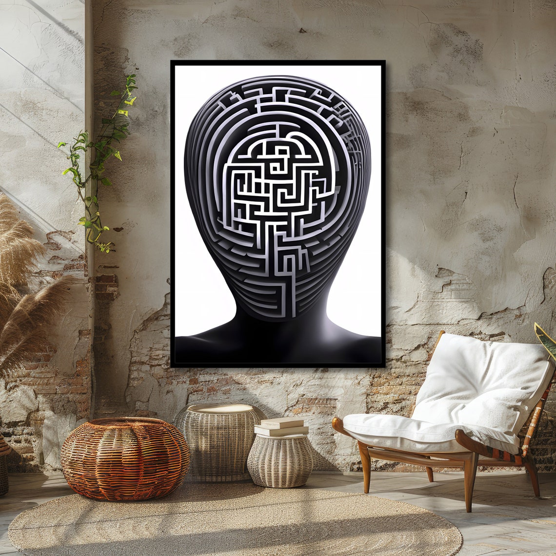 Black Human Head With Maze Labyrinth Face Surreal Optical Art Poster - Image 4