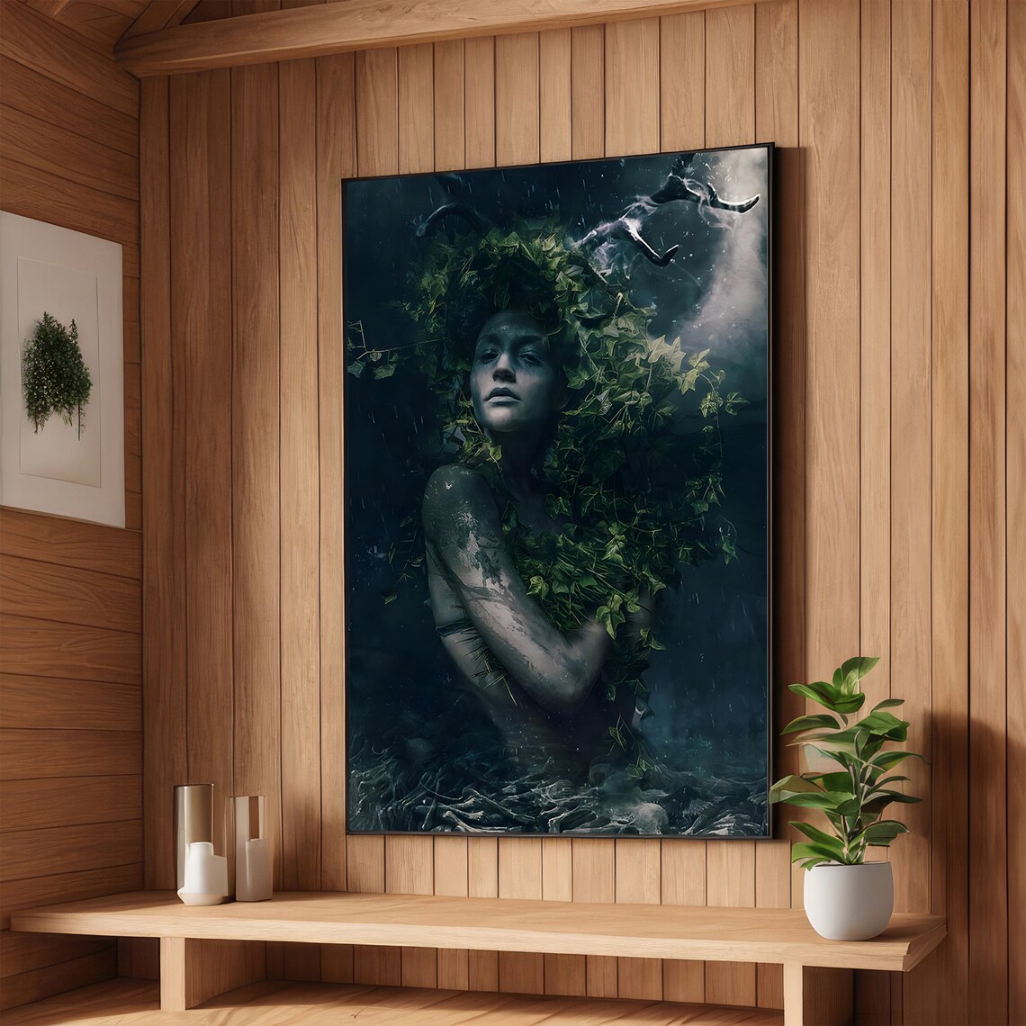 Dark Enchanted Woman Entwined In Ivy Leaves Surreal Moody Poster