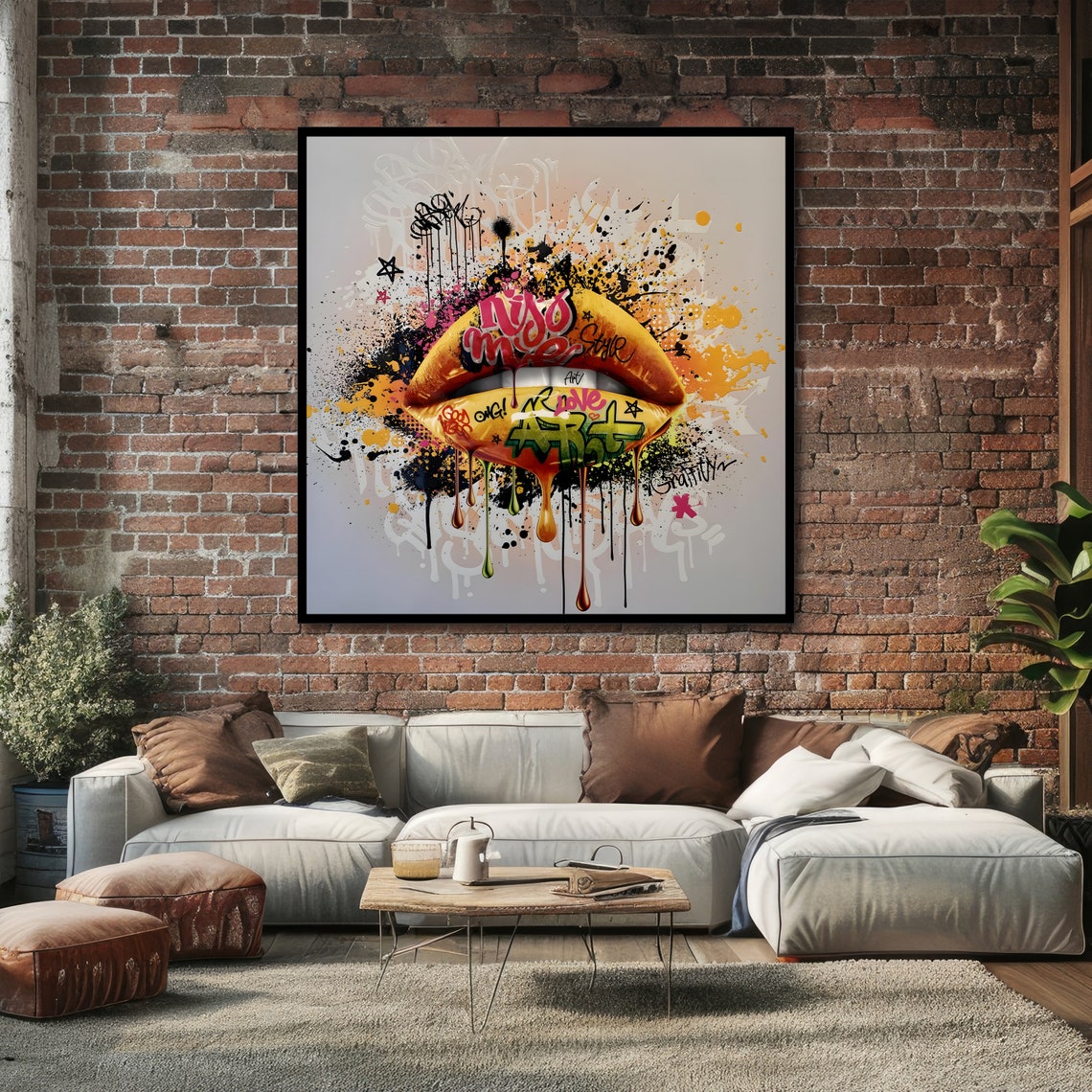 Golden Graffiti Lips With KISS ME Script and Dripping Paint Art Poster - Image 3