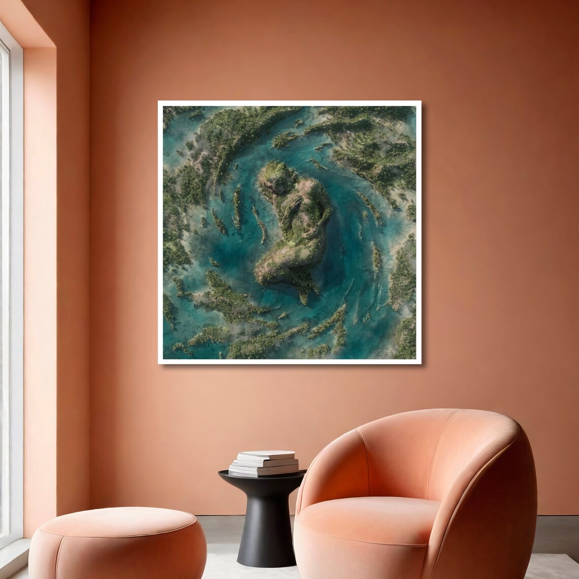 Aerial Turquoise Lagoon Around a Figure-Shaped Green Island Art Poster - Image 6