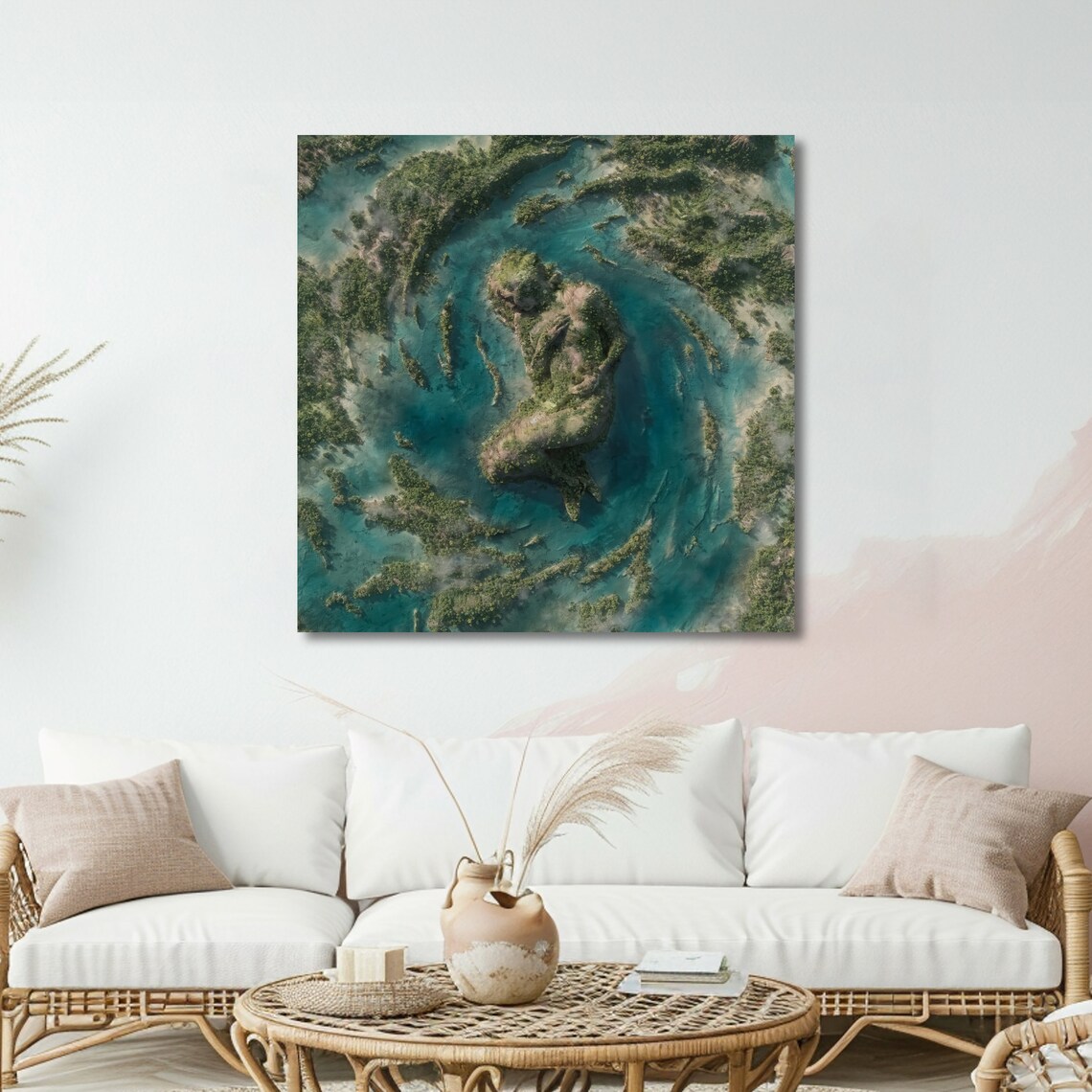 Aerial Turquoise Lagoon Around a Figure-Shaped Green Island Art Poster - Image 5