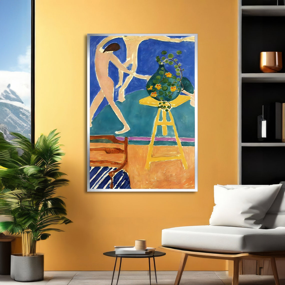 Matisse-Style Dancer and Flower Vase in Bold Blue Room Poster - Image 2