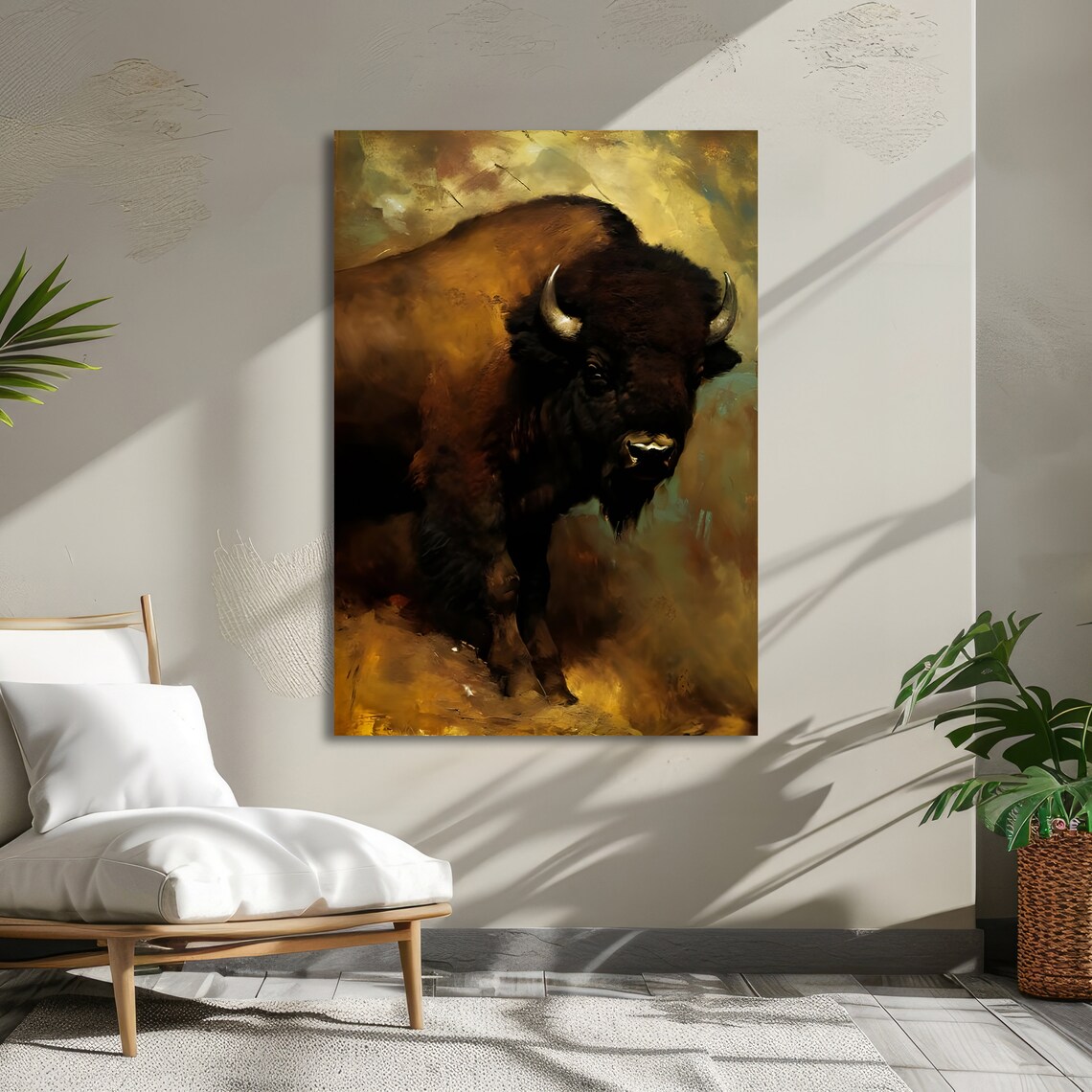 Majestic Bison Dark Portrait Golden Rustic Wildlife Painting Poster - Image 5