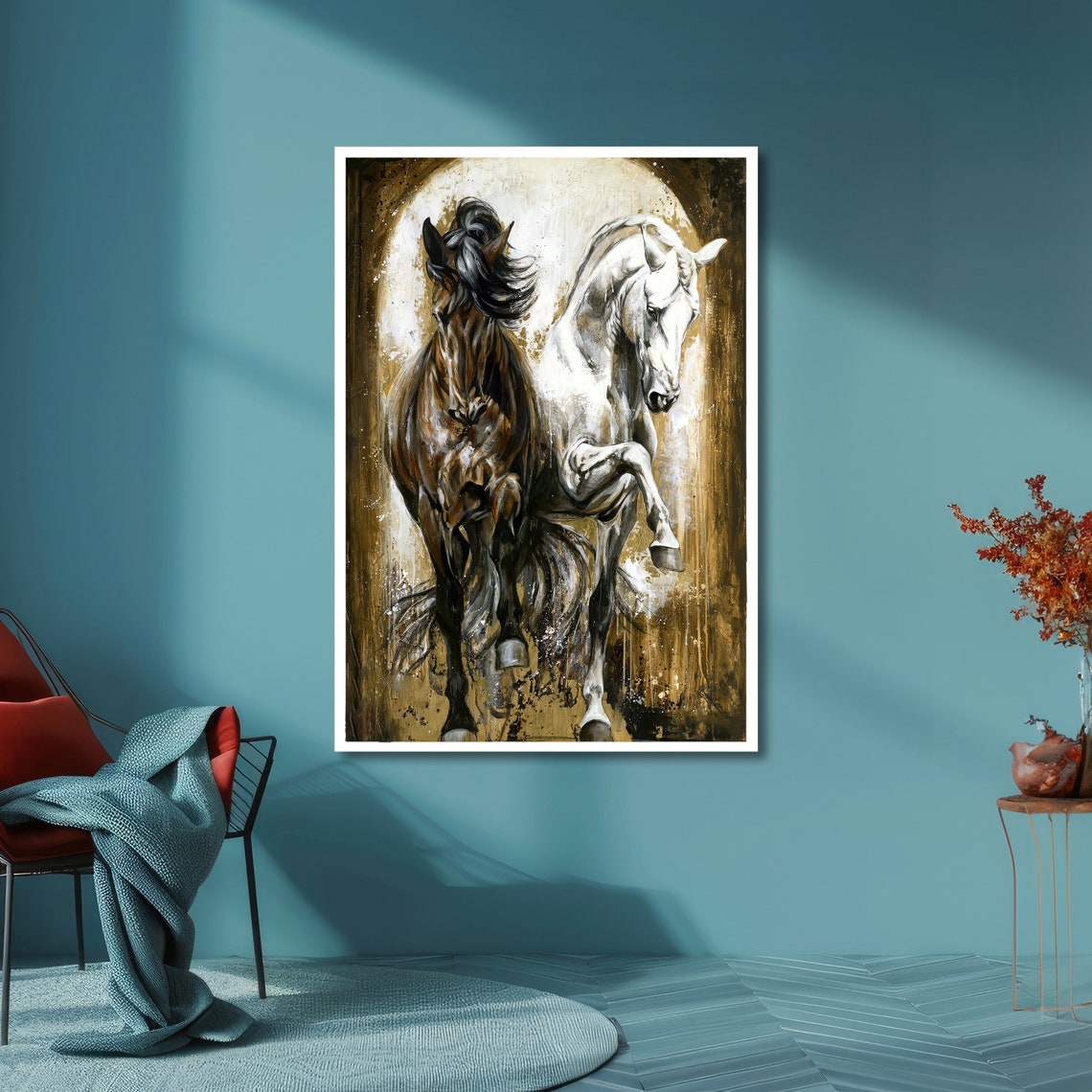 Black and White Horses Duo Beneath a Glowing Golden Arch Art Poster - Image 6