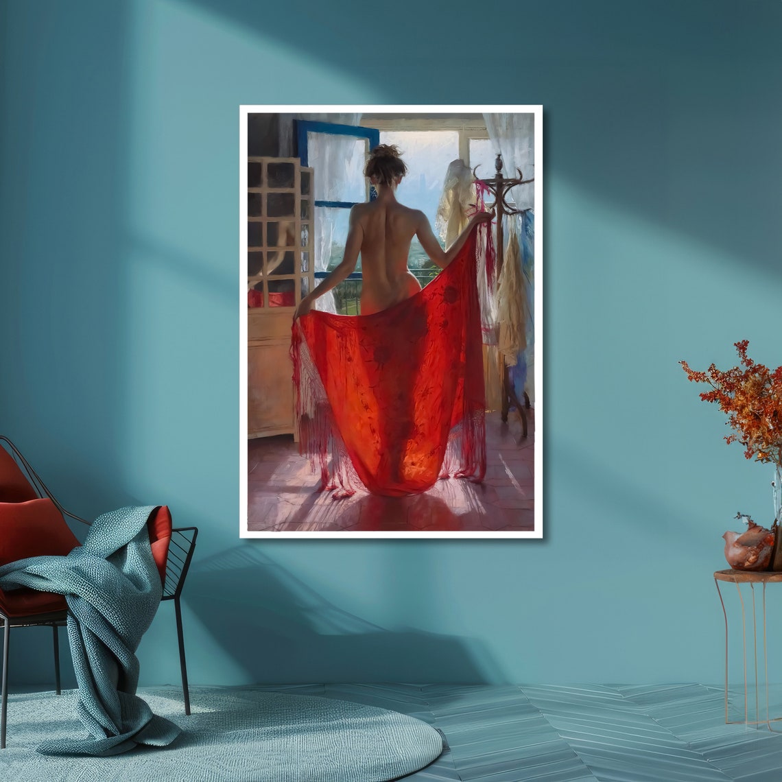 Sensual Red Draped Nude Art Erotic Romantic Wall Decor Ready To Hang - Image 6