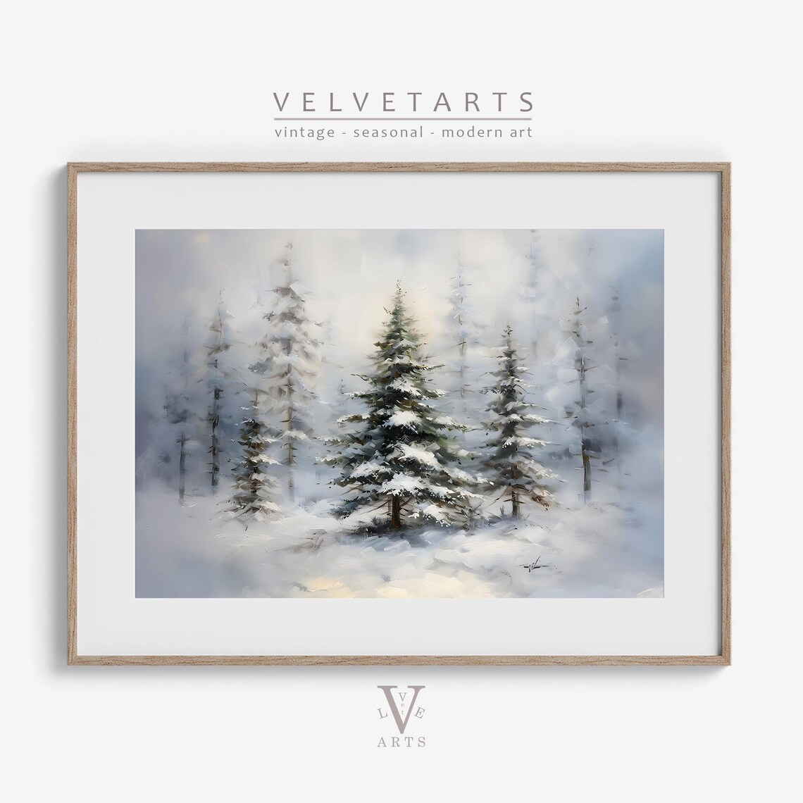 Snowy Evergreen Trees in a Misty Winter Forest Soft Painting Poster