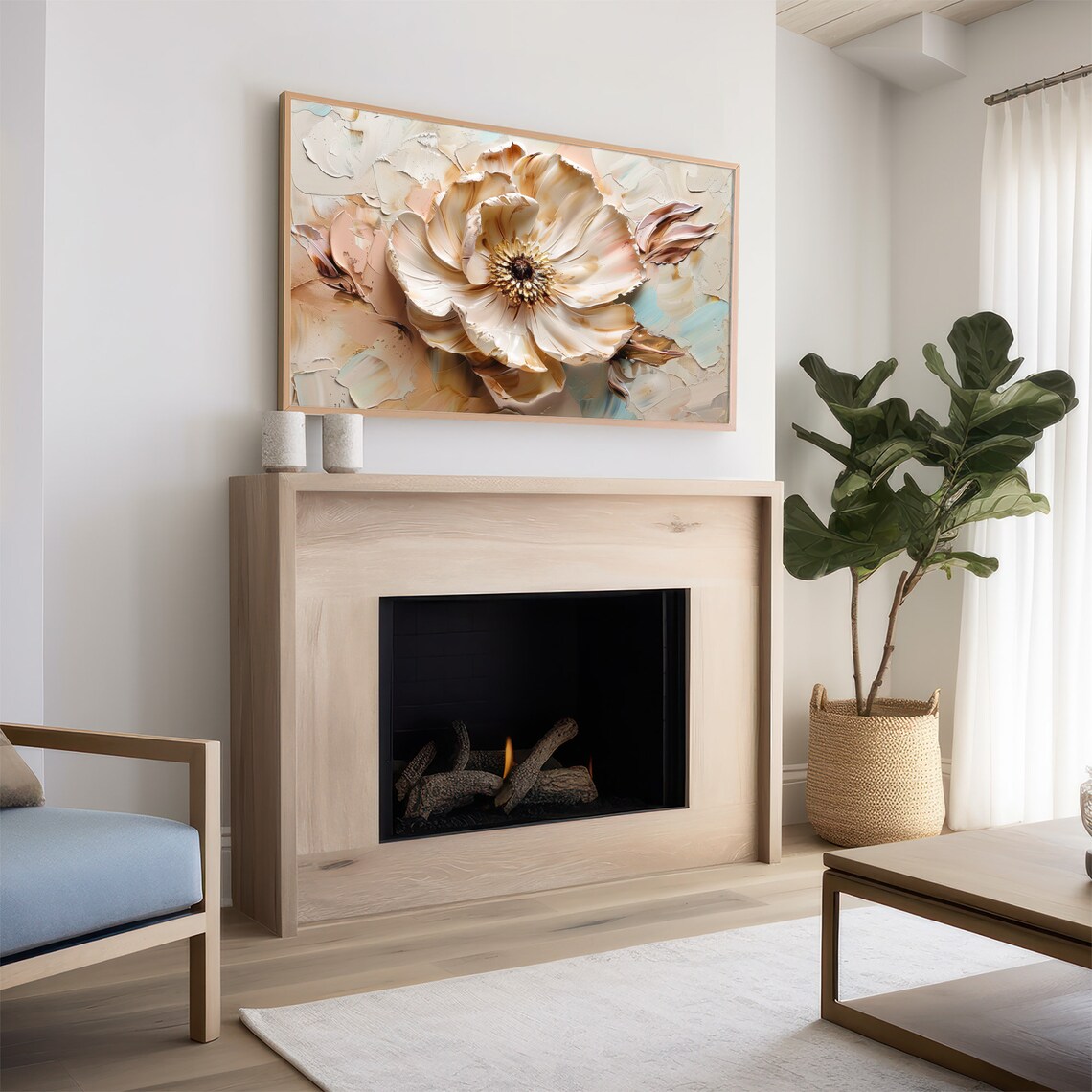 Ivory Peony Golden Center Impasto Floral Textured Painting Wall Art - Image 2