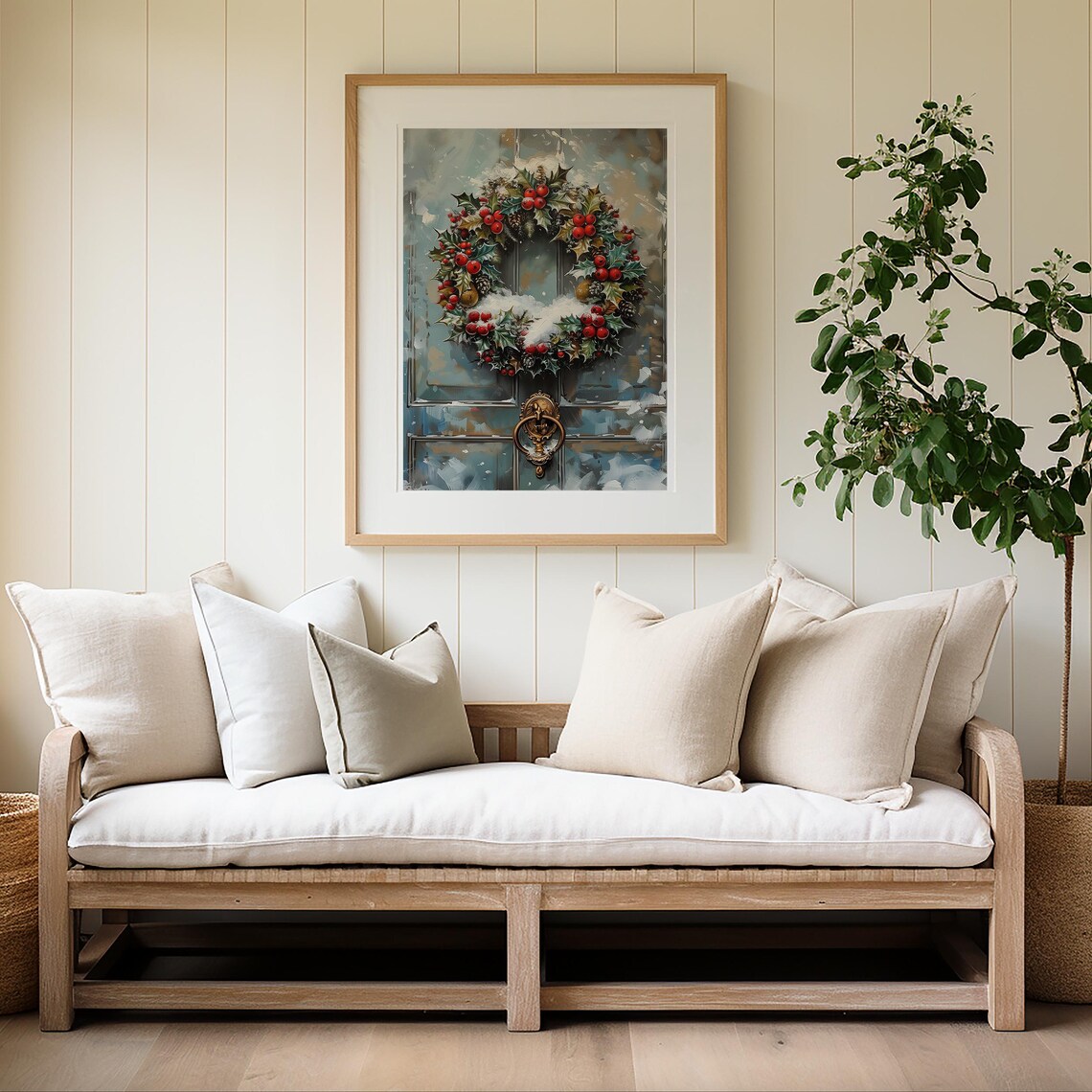 Christmas Wreath Holly Berries Blue Door Knocker Winter Wall Art Print - Image 4