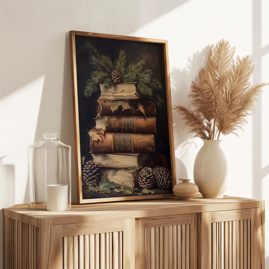 Antique Leather Books Stack Pine Cones Moody Winter Wall Art Print - Image 3