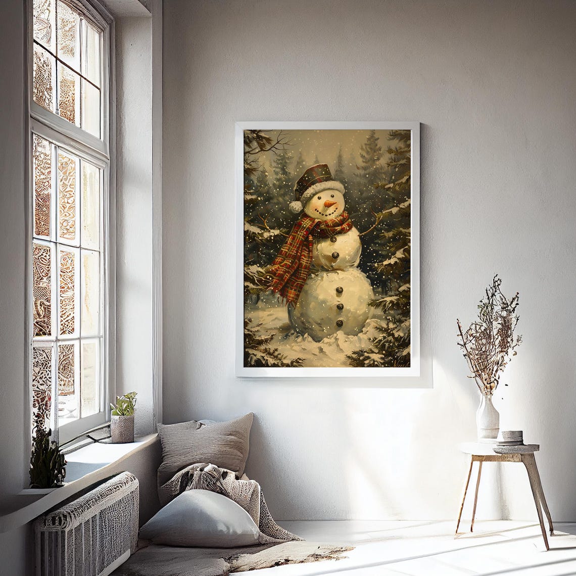 Smiling Snowman With Plaid Scarf and Hat Among Pines Wall Art - Image 2