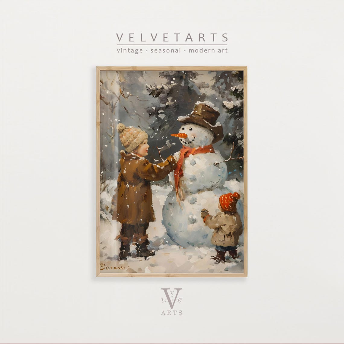 Two Children With a Snowman in a Winter Forest Vintage Poster