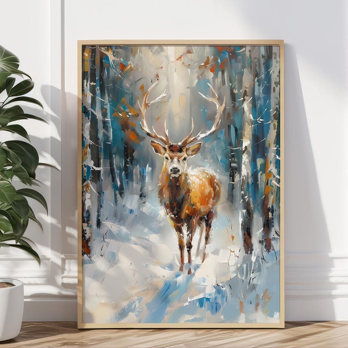 Majestic Stag in a Snowy Winter Forest Vintage Painting Wall Art - Image 5