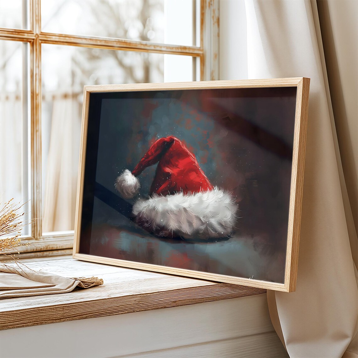 Red Santa Hat Moody Dark Vintage Christmas Painting Wall Art - Image 2