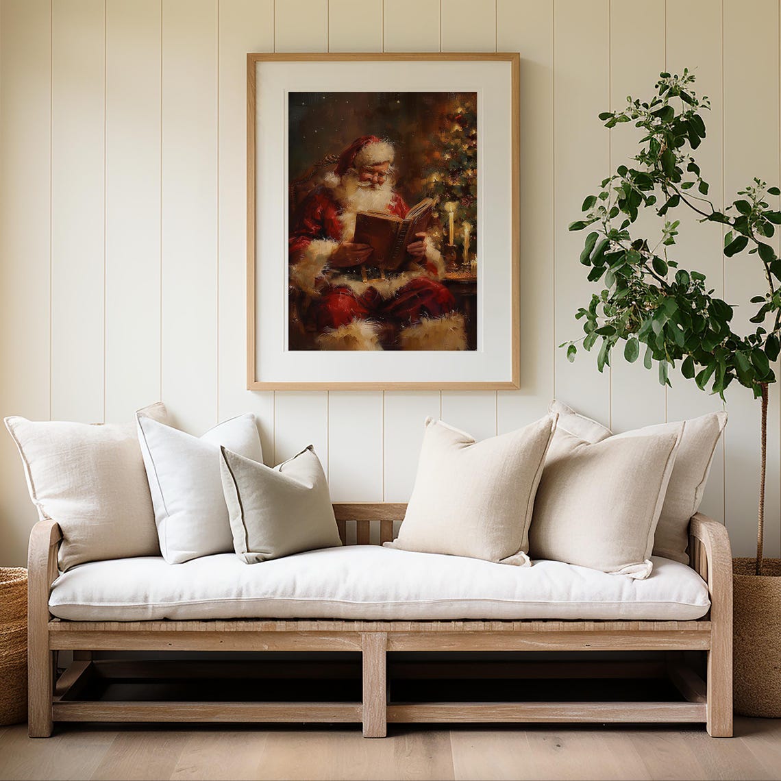 Santa Claus Reading a Book by the Fireplace Christmas Wall Art - Image 4