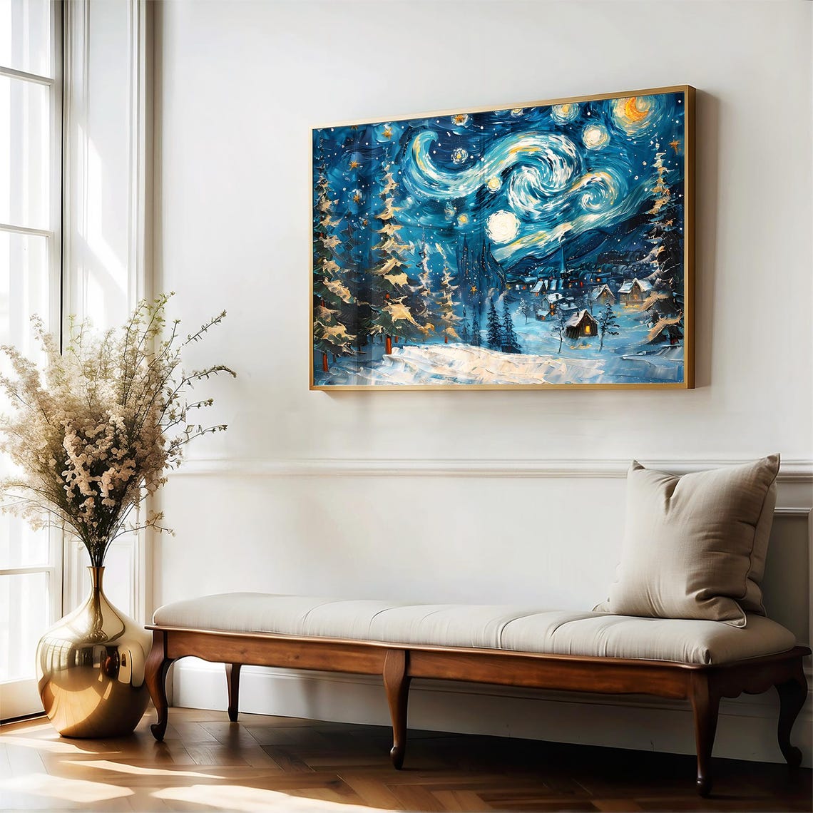 Swirling Starry Night Village Winter Snow Impasto Style Wall Art Print - Image 5